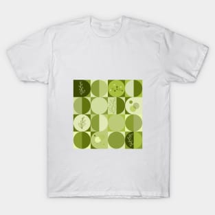 repeating geometry pattern, squares and circles, ornaments, green color tones T-Shirt